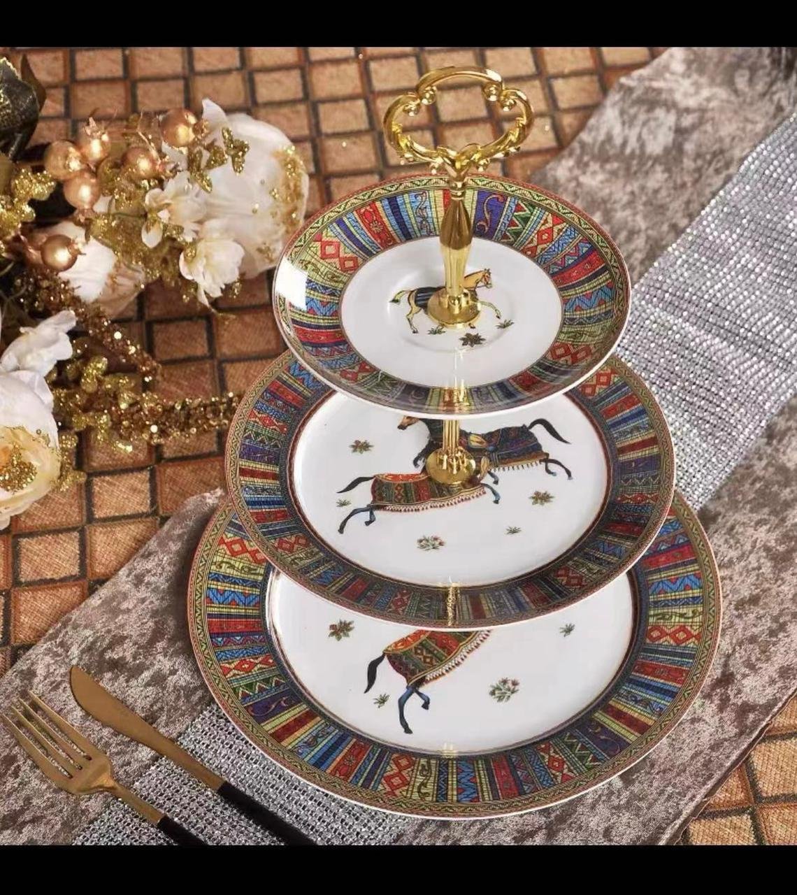 Hermes 3-Tier dessert serving standing  - Hermes Tray | Aleppo Gift UAE